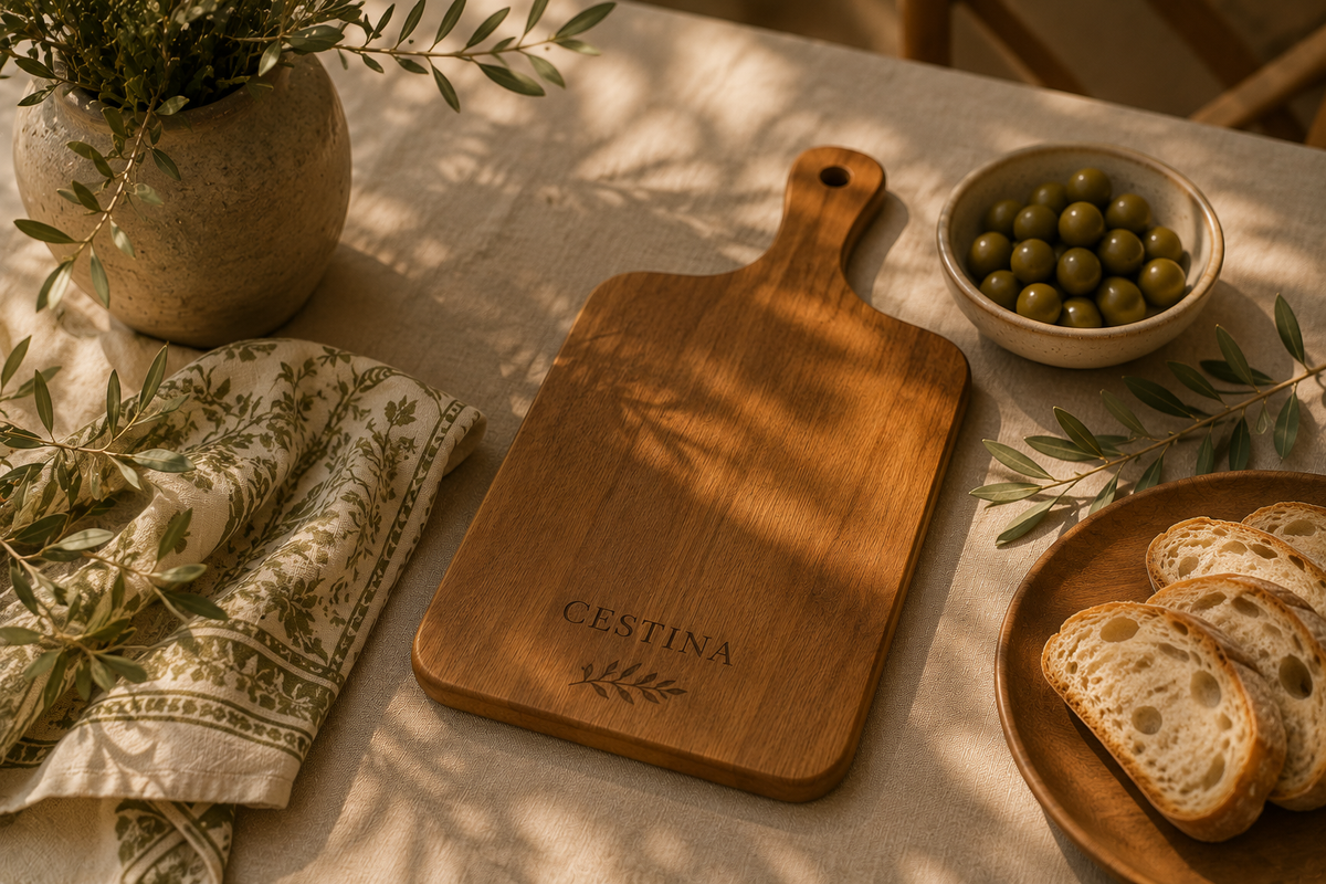 Tabla de madera personalizada CESTINA sobre mesa con mantel de lino, aceitunas y pan